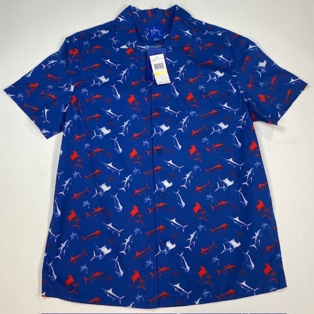 Guy Harvey Mens Short Sleeve Marine Fish Print Button Down Shirt Blue Size M NEW